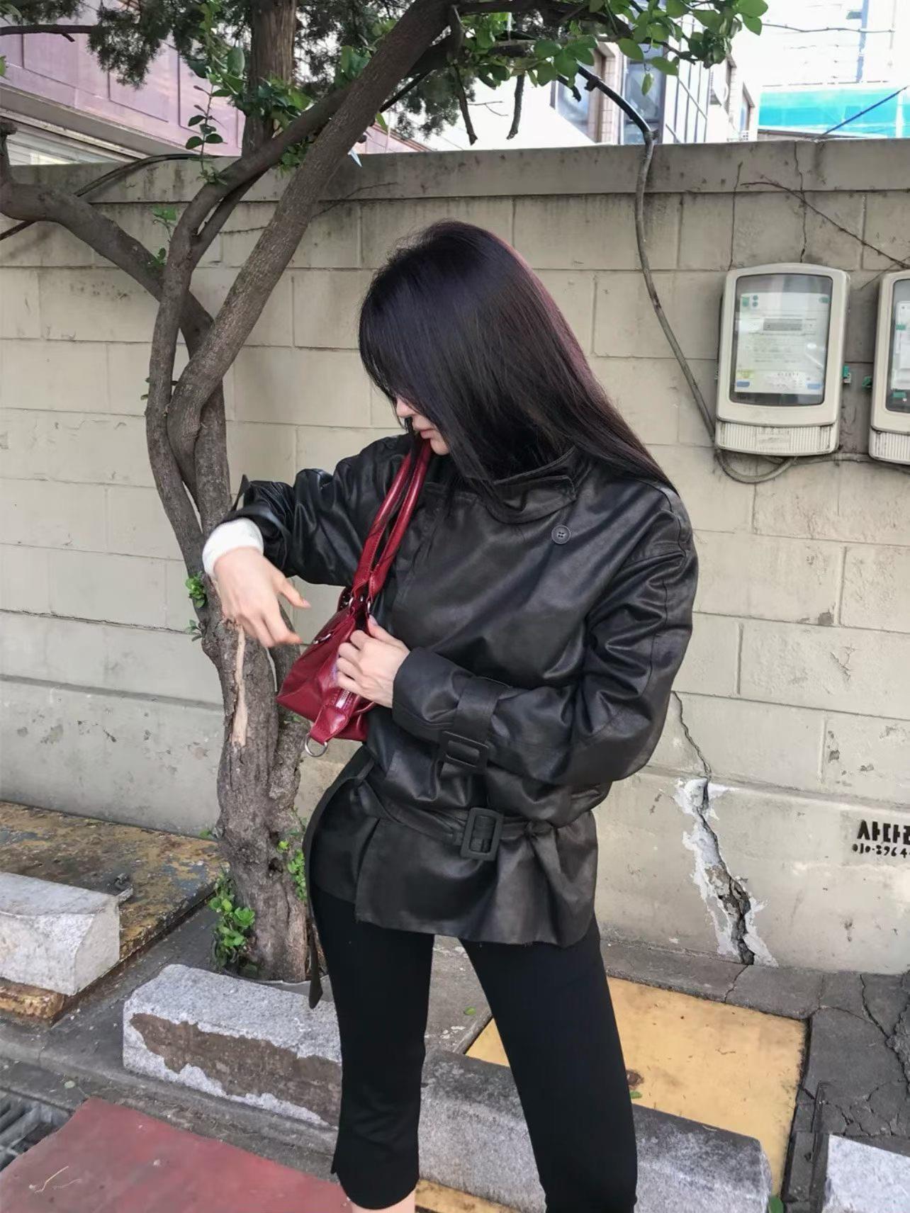 洗舊皮革風衣外套